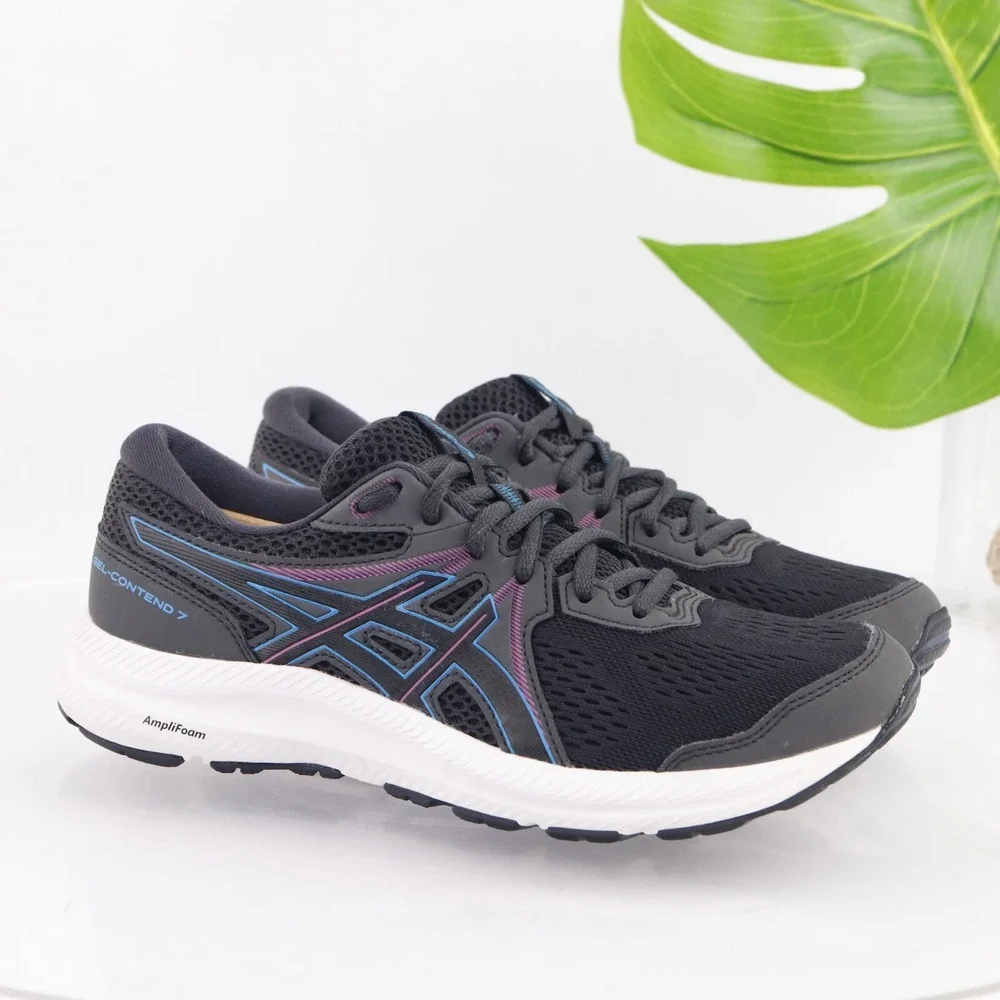 Asics Womens Gel-Contend 7 Running Shoe Size 8 Black Blue Purple Sneaker Trainer
